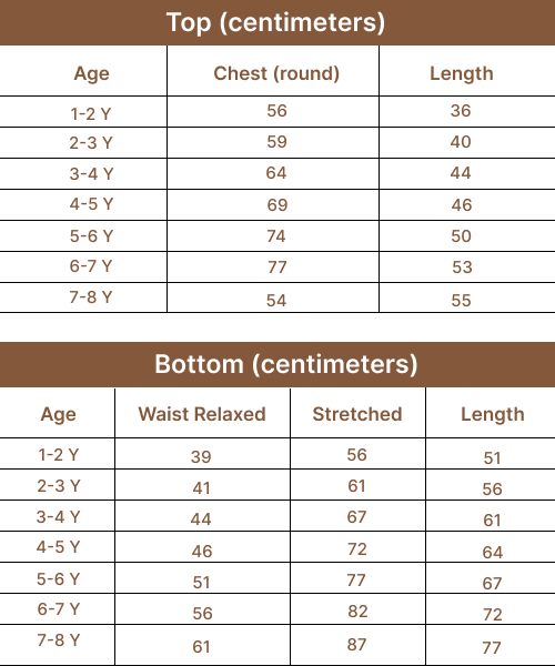 Kids clothing size guide in centimetres