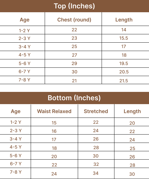 Kids clothing size guide in inches